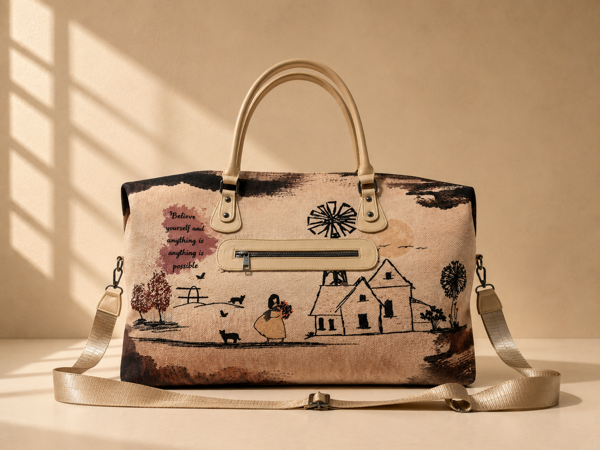 Hand-Drawn Printed Fabric Weekender Bag (2pcs)