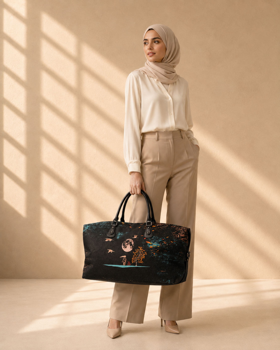 Hand-Drawn Printed Fabric Weekender Bag (2pcs)