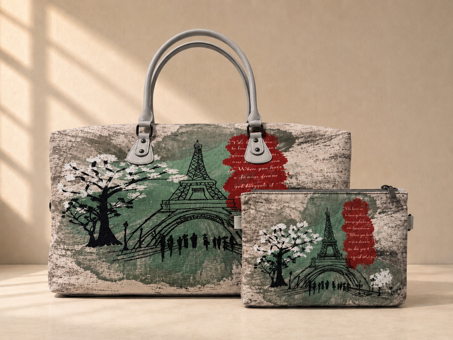 Hand-Drawn Printed Fabric Weekender Bag (2pcs)