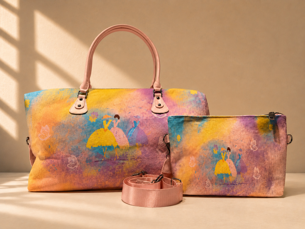 Hand-Drawn Printed Fabric Weekender Bag (2pcs)