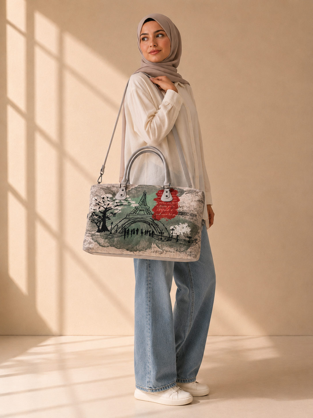 Hand-Drawn Printed Fabric Weekender Bag (2pcs)