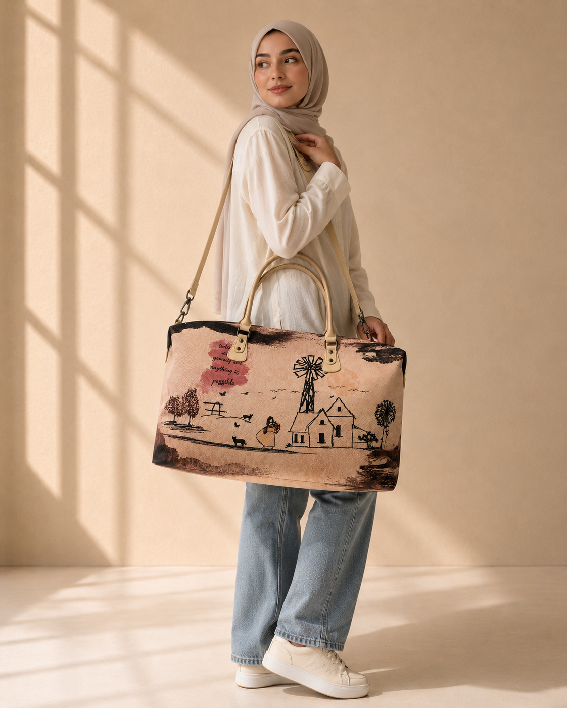 Hand-Drawn Printed Fabric Weekender Bag (2pcs)