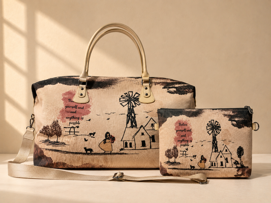 Hand-Drawn Printed Fabric Weekender Bag (2pcs)
