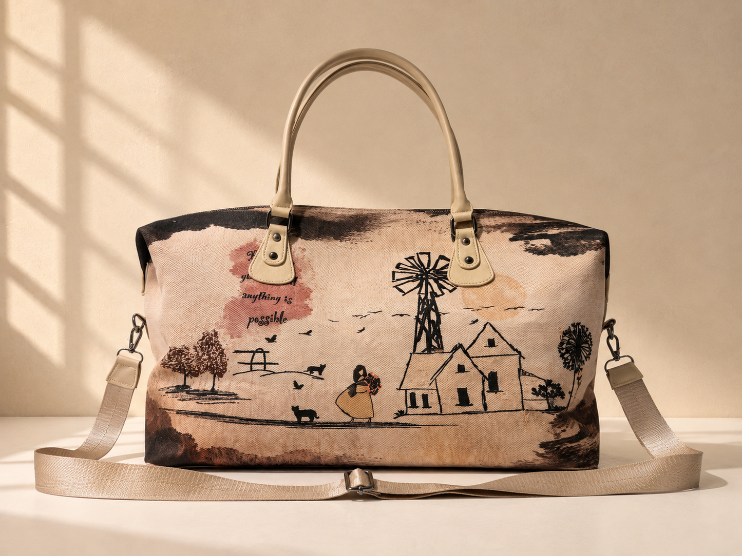 Hand-Drawn Printed Fabric Weekender Bag (2pcs)