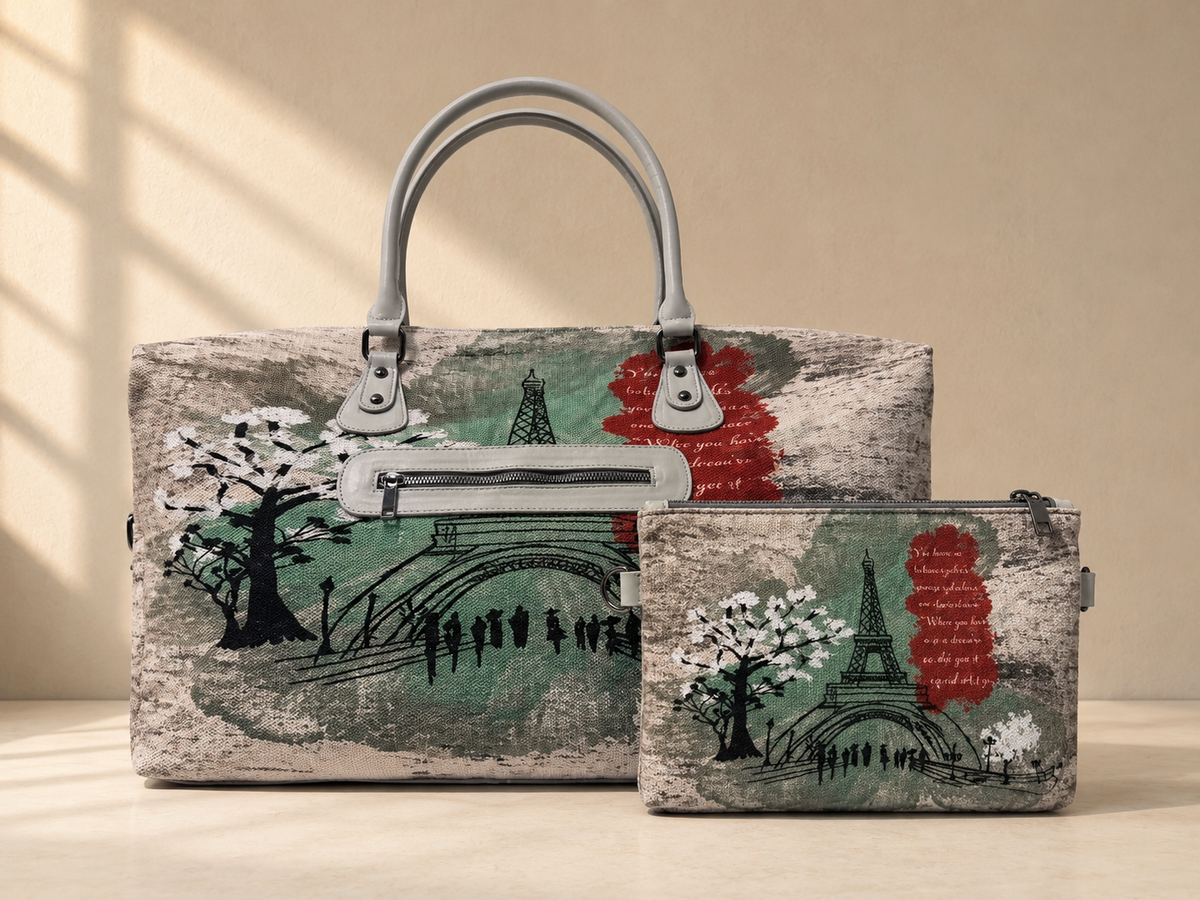 Hand-Drawn Printed Fabric Weekender Bag (2pcs)