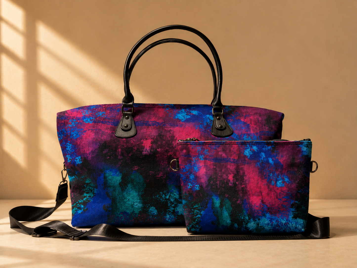Hand-Drawn Printed Fabric Weekender Bag (2pcs)
