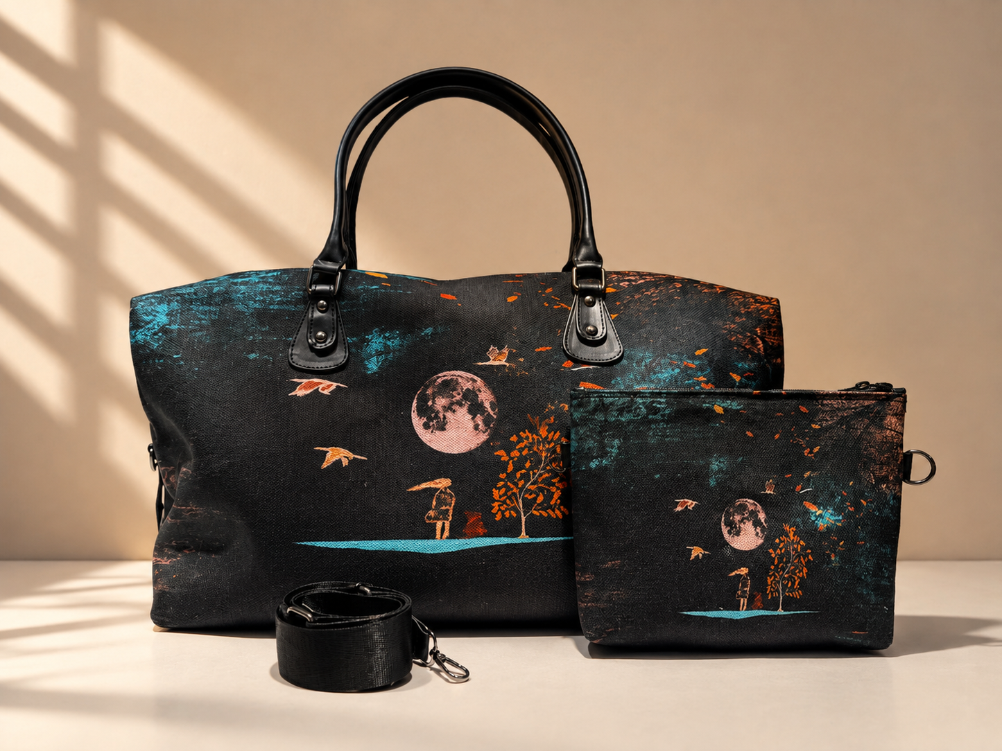 Hand-Drawn Printed Fabric Weekender Bag (2pcs)