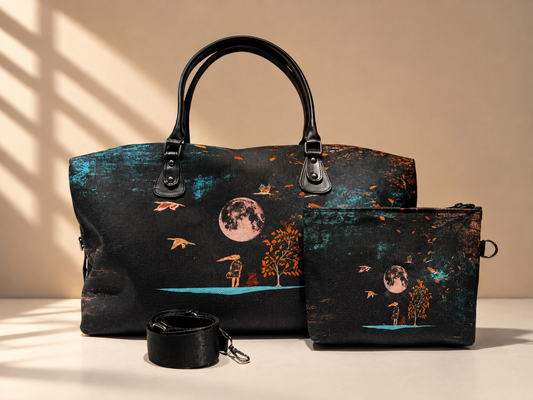 Hand-Drawn Printed Fabric Weekender Bag (2pcs)