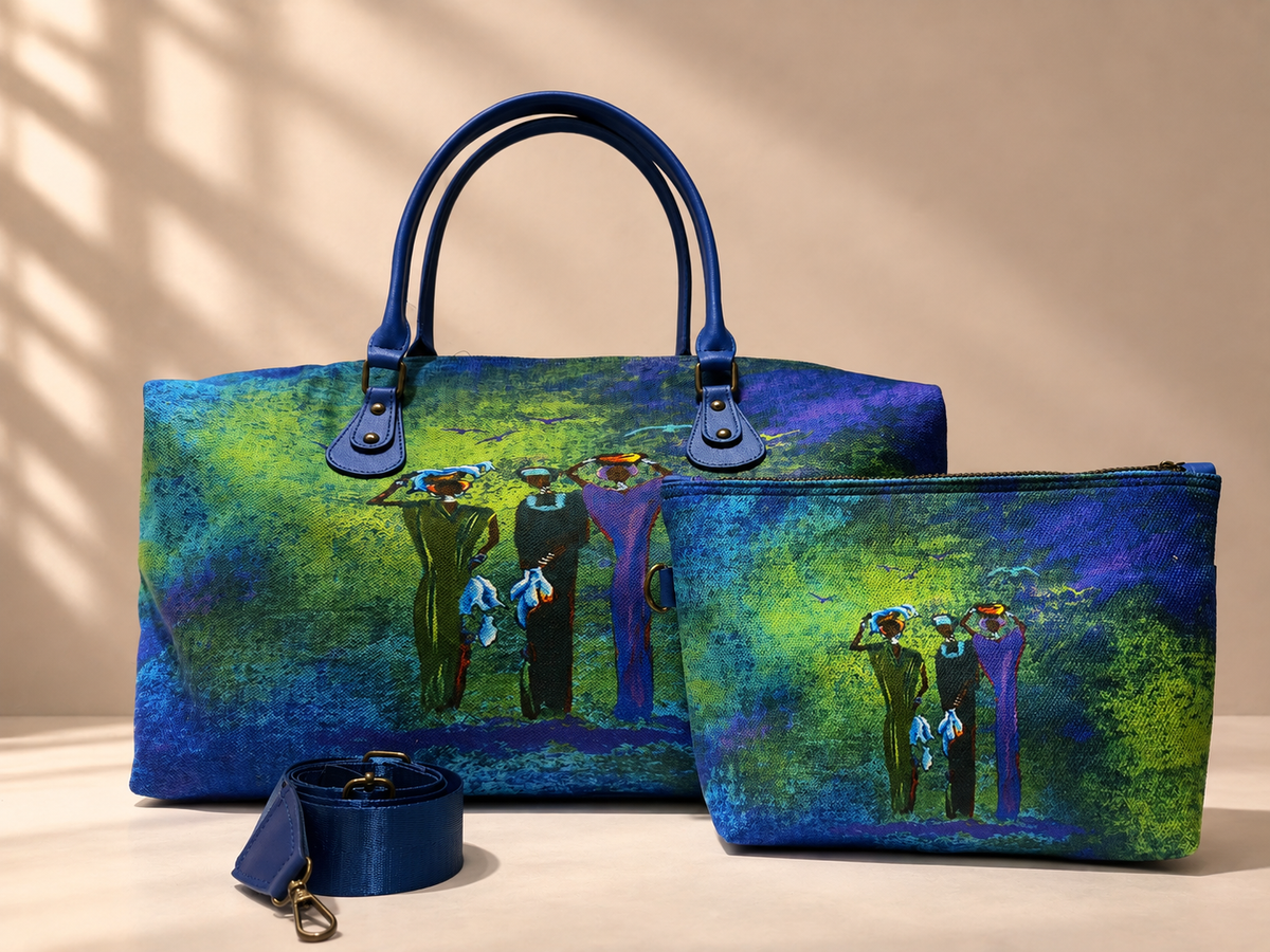 Hand-Drawn Printed Fabric Weekender Bag (2pcs)